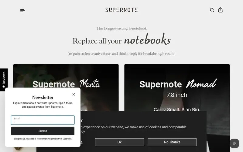 Screenshot of the Supernote homepage