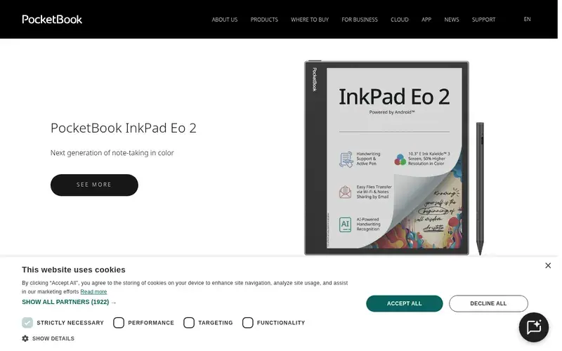 Screenshot of the PocketBook homepage