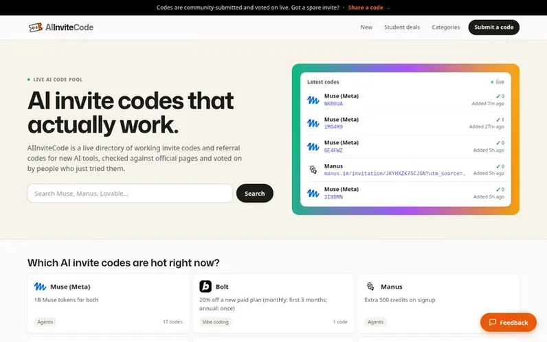 Screenshot of the AIInviteCode homepage