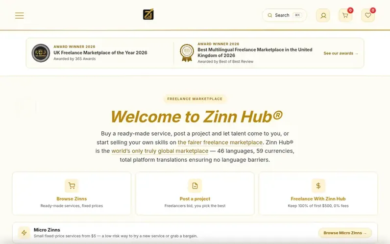 Screenshot of the Zinn Hub homepage