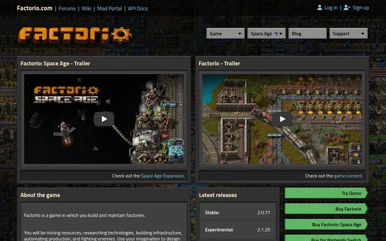 Screenshot of the Factorio homepage