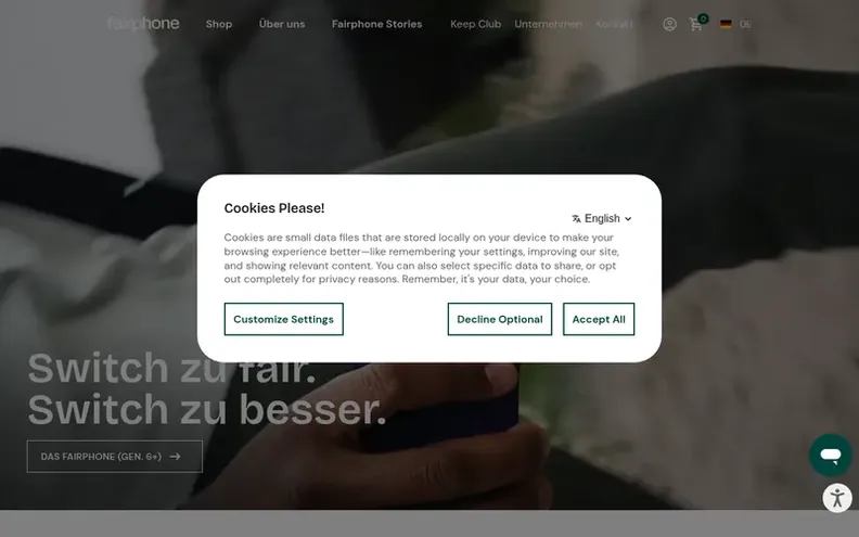 Screenshot of the Fairphone homepage