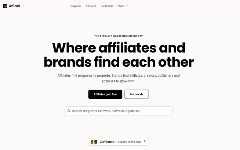 Screenshot of the Afflemi homepage