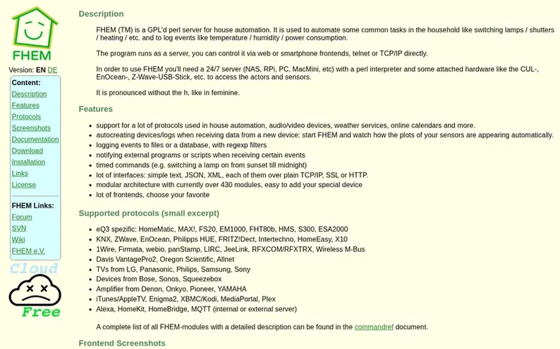 Screenshot of the FHEM homepage
