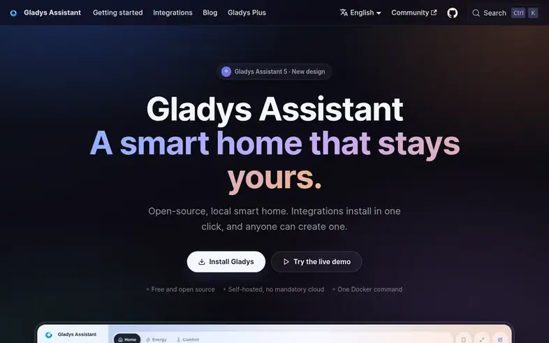 Screenshot of the Gladys Assistant homepage