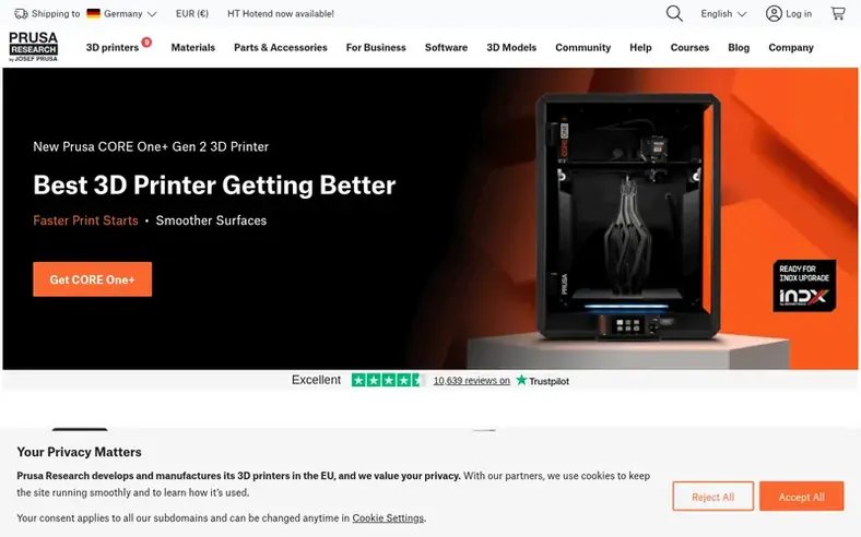 Screenshot of the Prusa Research® homepage