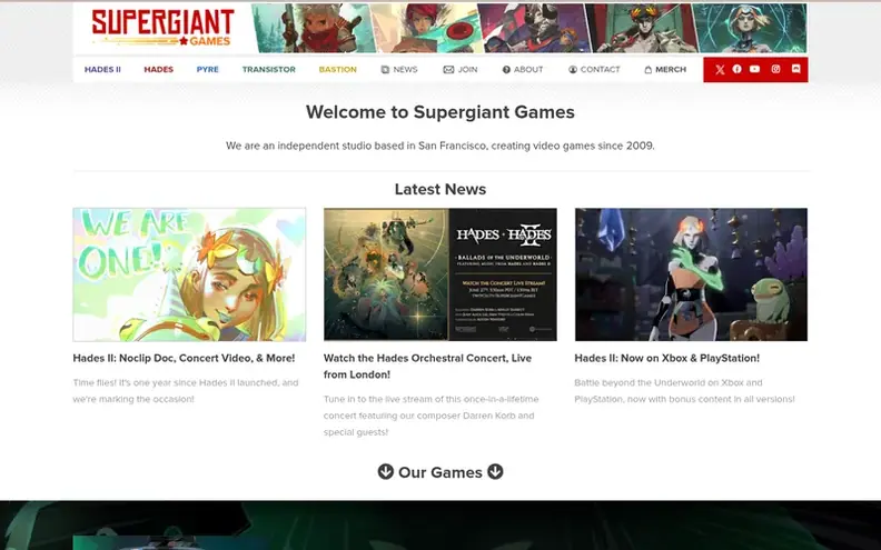 Screenshot of the Supergiant Games homepage