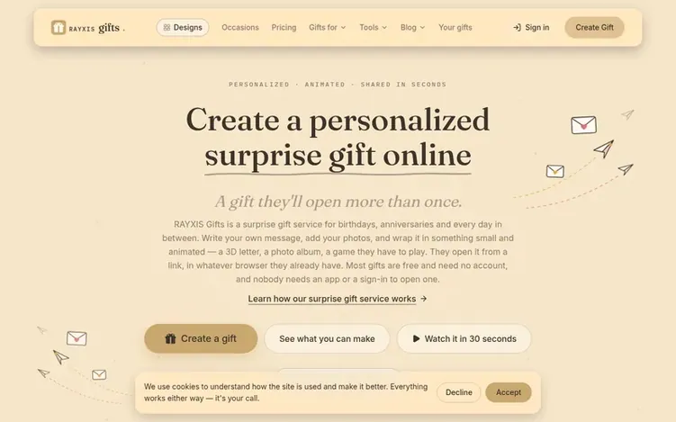 Screenshot of the RAYXIS Gifts homepage