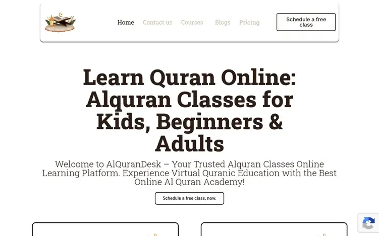 Screenshot of the Al Quran Desk Online Academy homepage