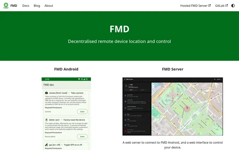 Screenshot of the FMD homepage