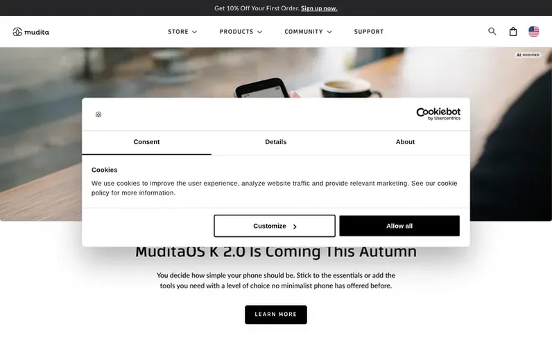 Screenshot of the Mudita® homepage